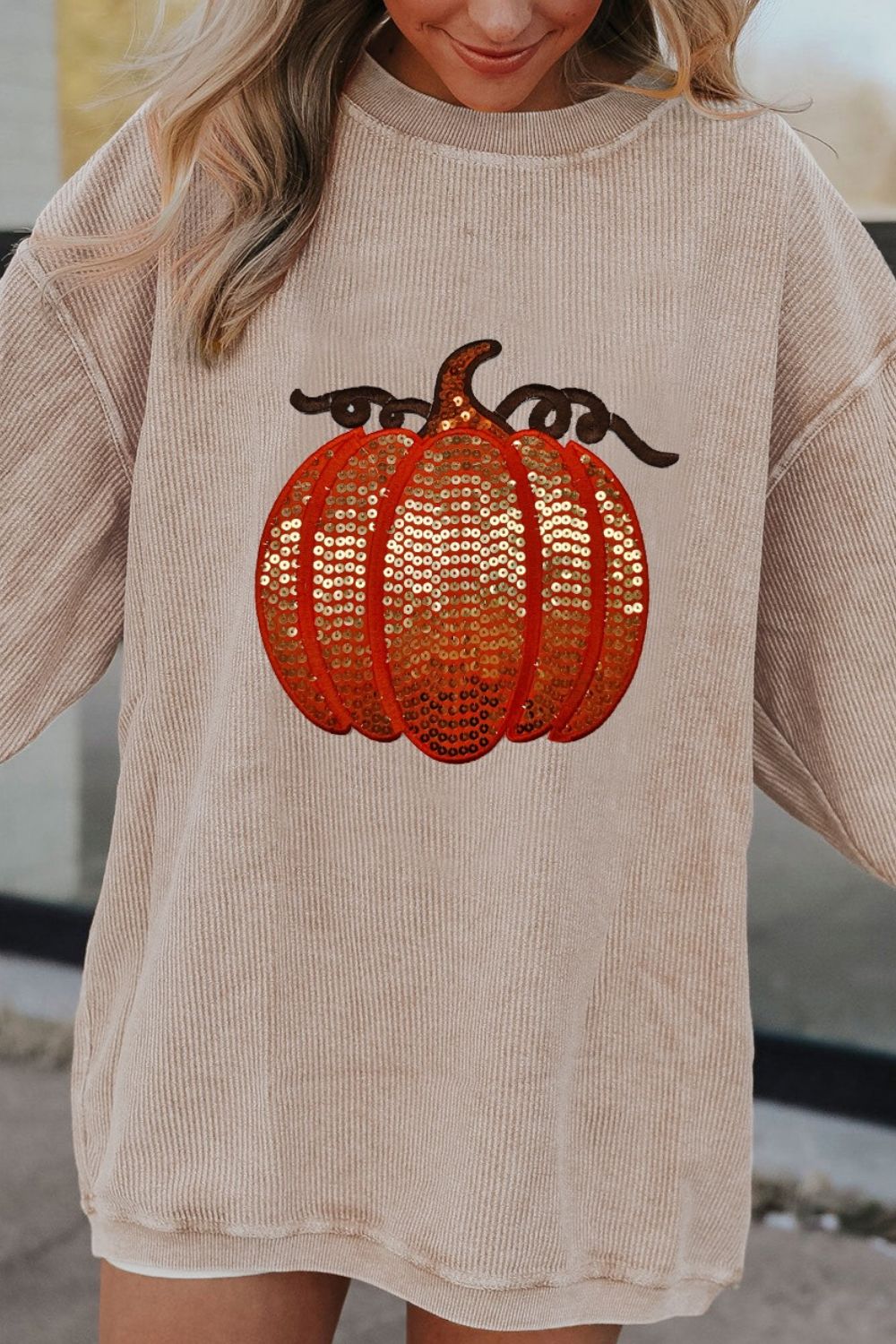 Sequin Pumpkin Round Neck Long Sleeve Sweatshirt - Tote and Lounge
