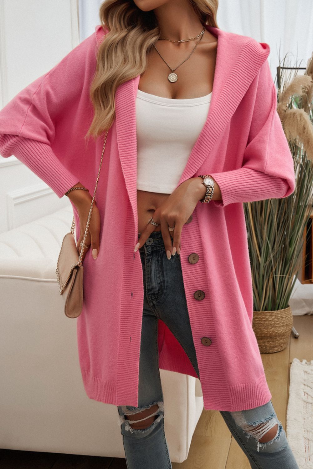 Button Up Long Sleeve Hooded Cardigan - Tote and Lounge