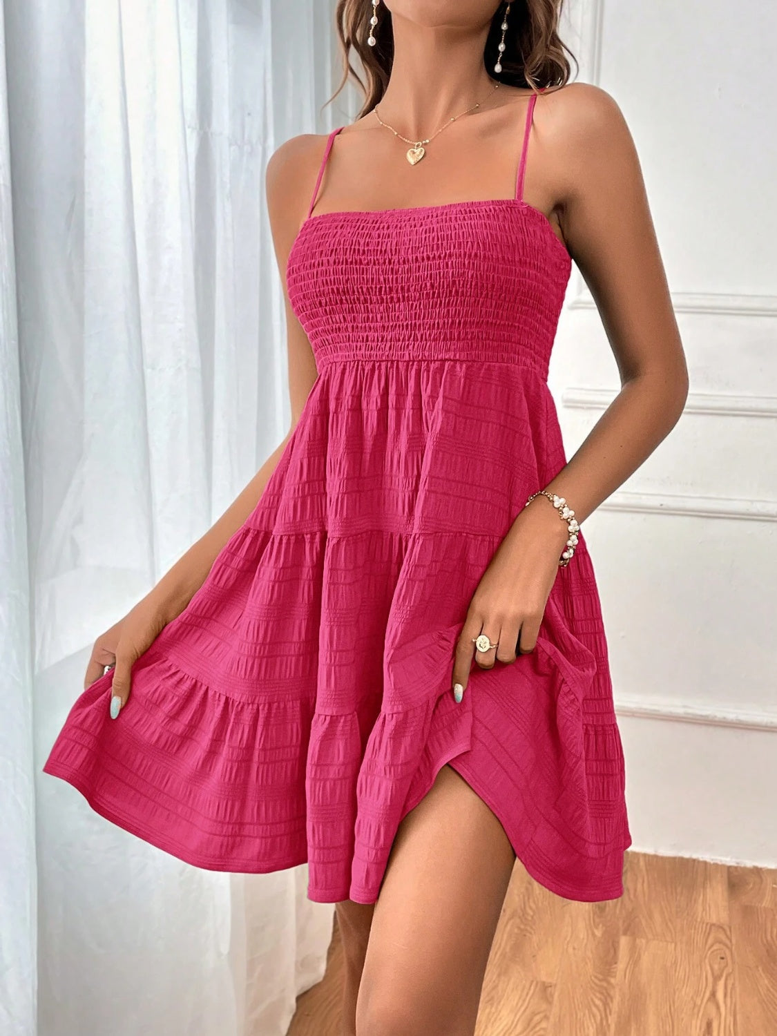 Smocked Tiered Sleeveless Mini Dress - Tote and Lounge