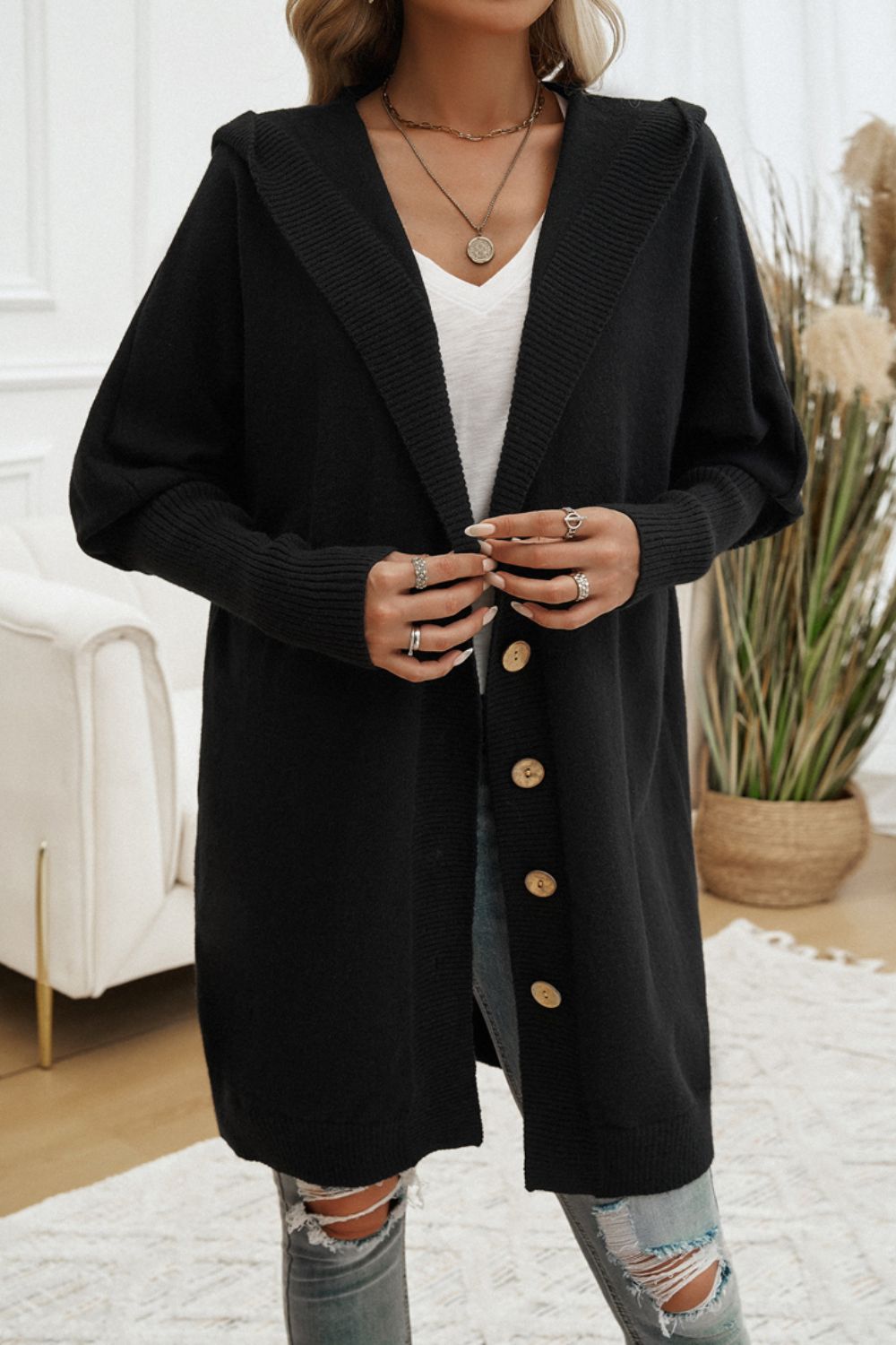 Button Up Long Sleeve Hooded Cardigan - Tote and Lounge
