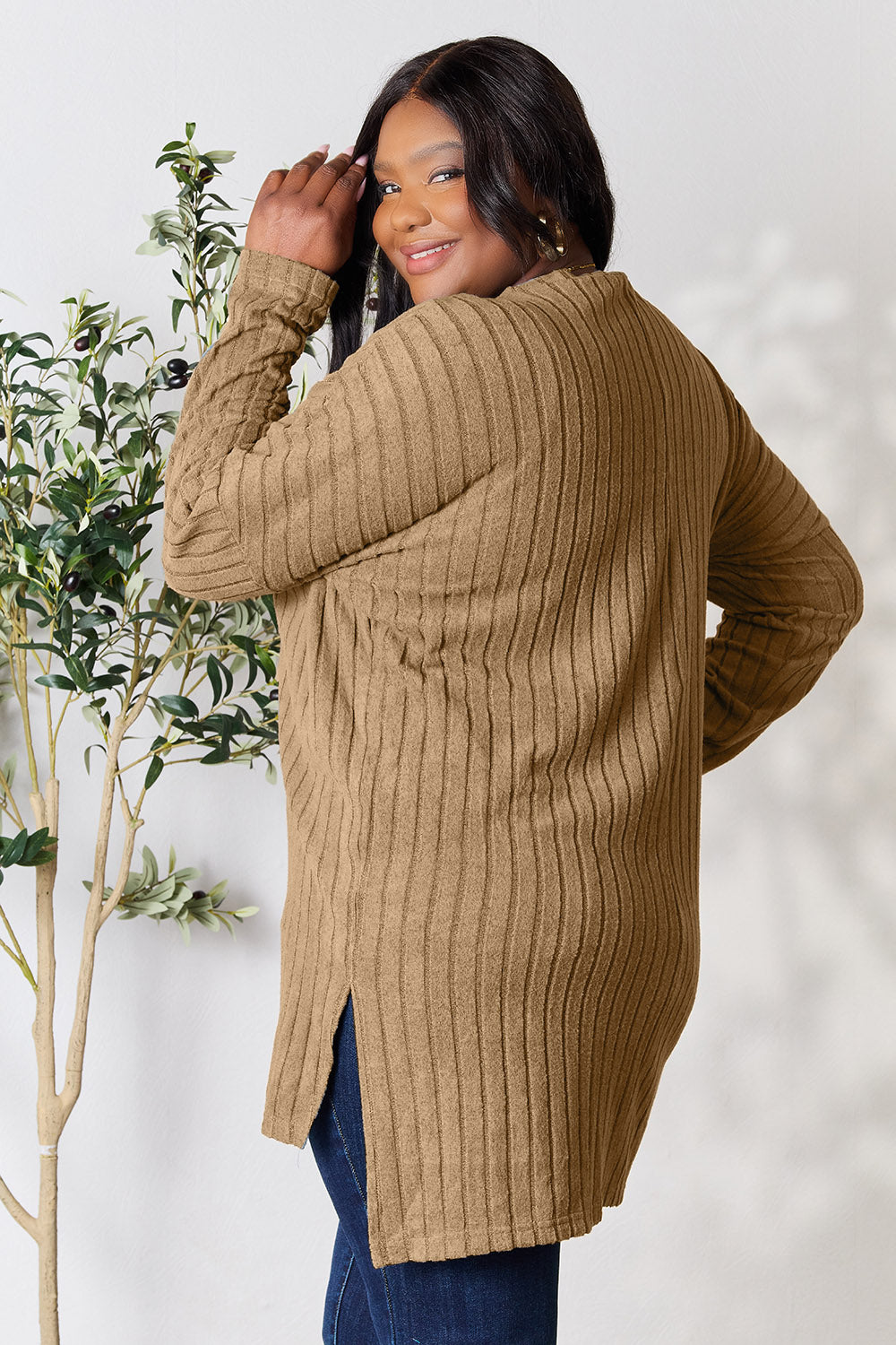 Basic Bae Full Size Ribbed Round Neck Long Sleeve Slit Top - Tote and Lounge