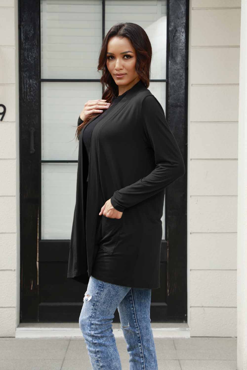 Basic Bae Full Size Open Front Long Sleeve Cardigan with Pockets - Tote and Lounge