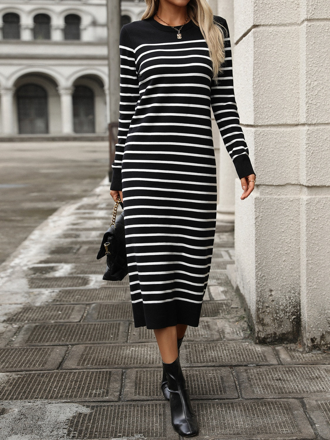 Striped Round Neck Long Sleeve Dress - Tote and Lounge