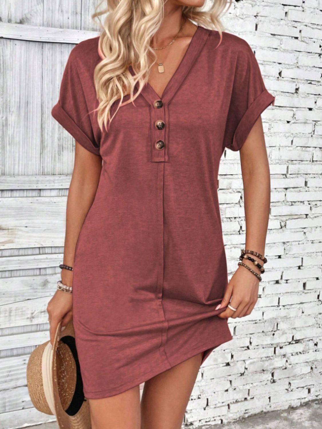 Quarter Button V-Neck Short Sleeve Dress - Tote and Lounge
