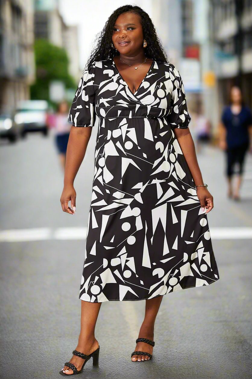 Printed Surplice Balloon Sleeve Dress - Tote and Lounge