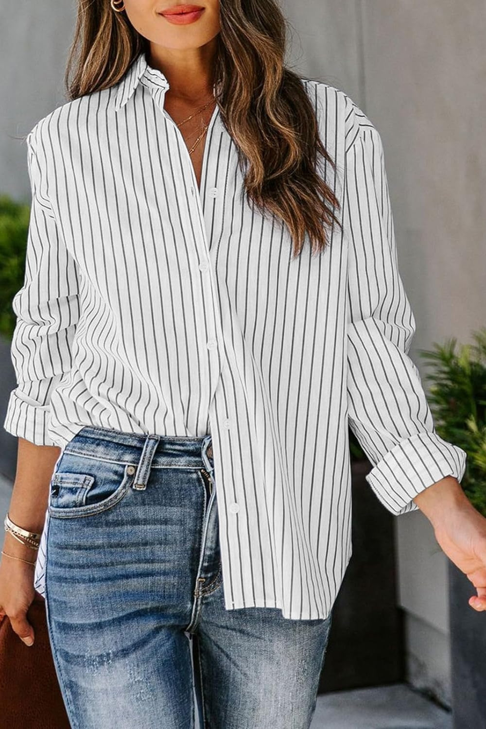 Striped Button Up Long Sleeve Shirt - Tote and Lounge