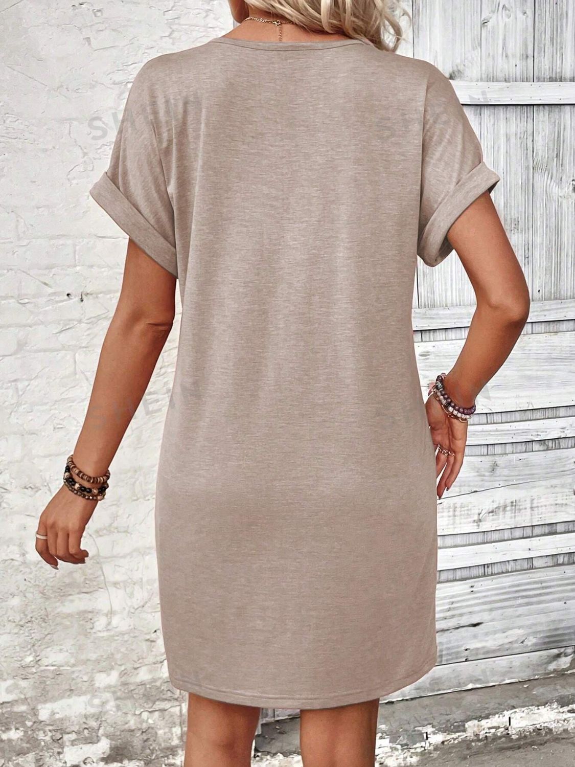 Quarter Button V-Neck Short Sleeve Dress - Tote and Lounge