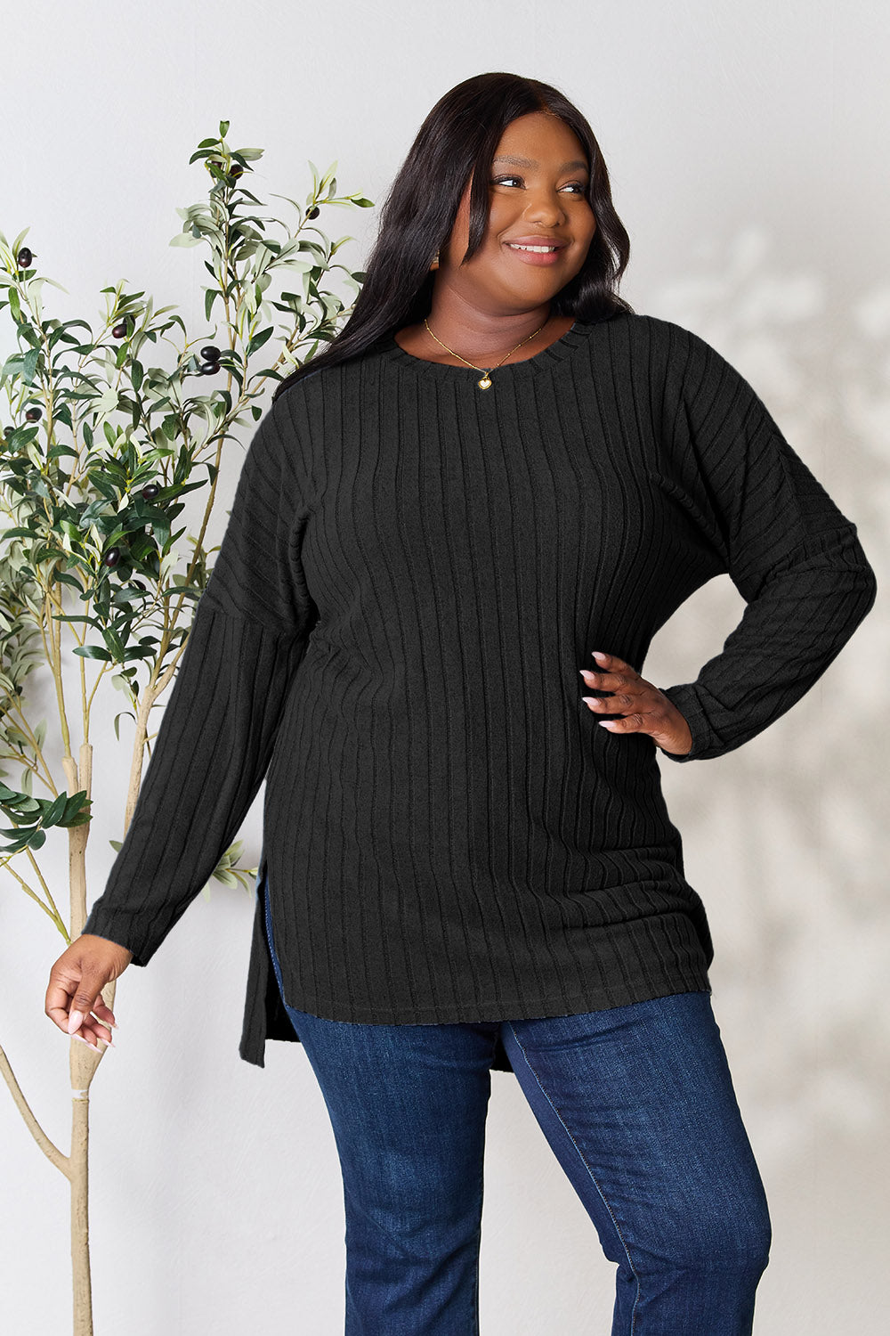 Basic Bae Full Size Ribbed Round Neck Long Sleeve Slit Top - Tote and Lounge