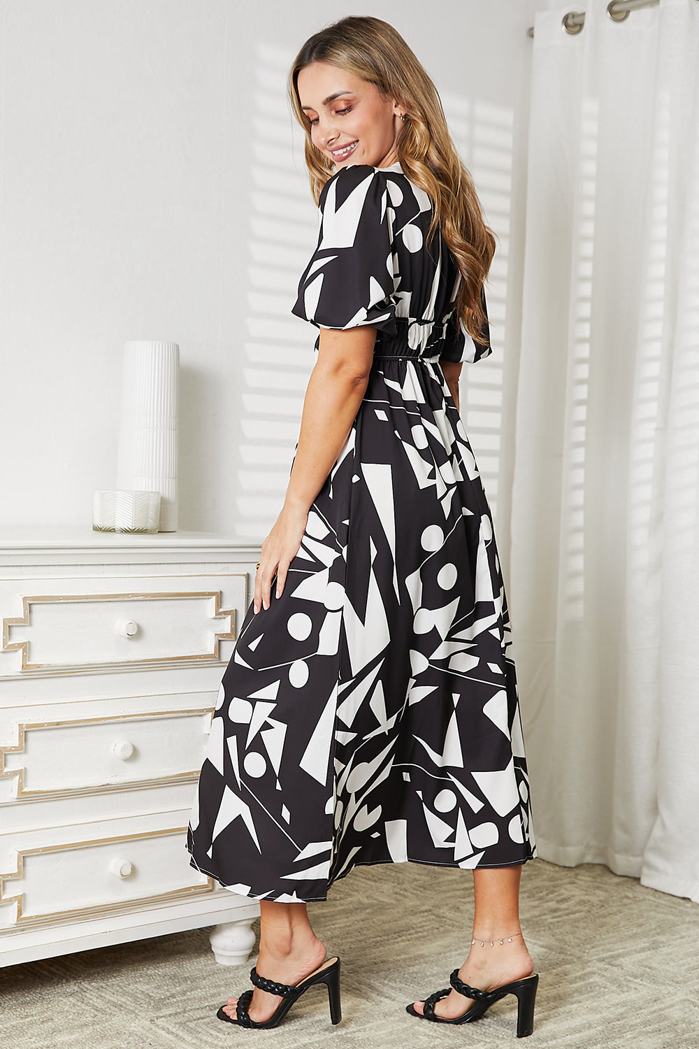 Printed Surplice Balloon Sleeve Dress - Tote and Lounge