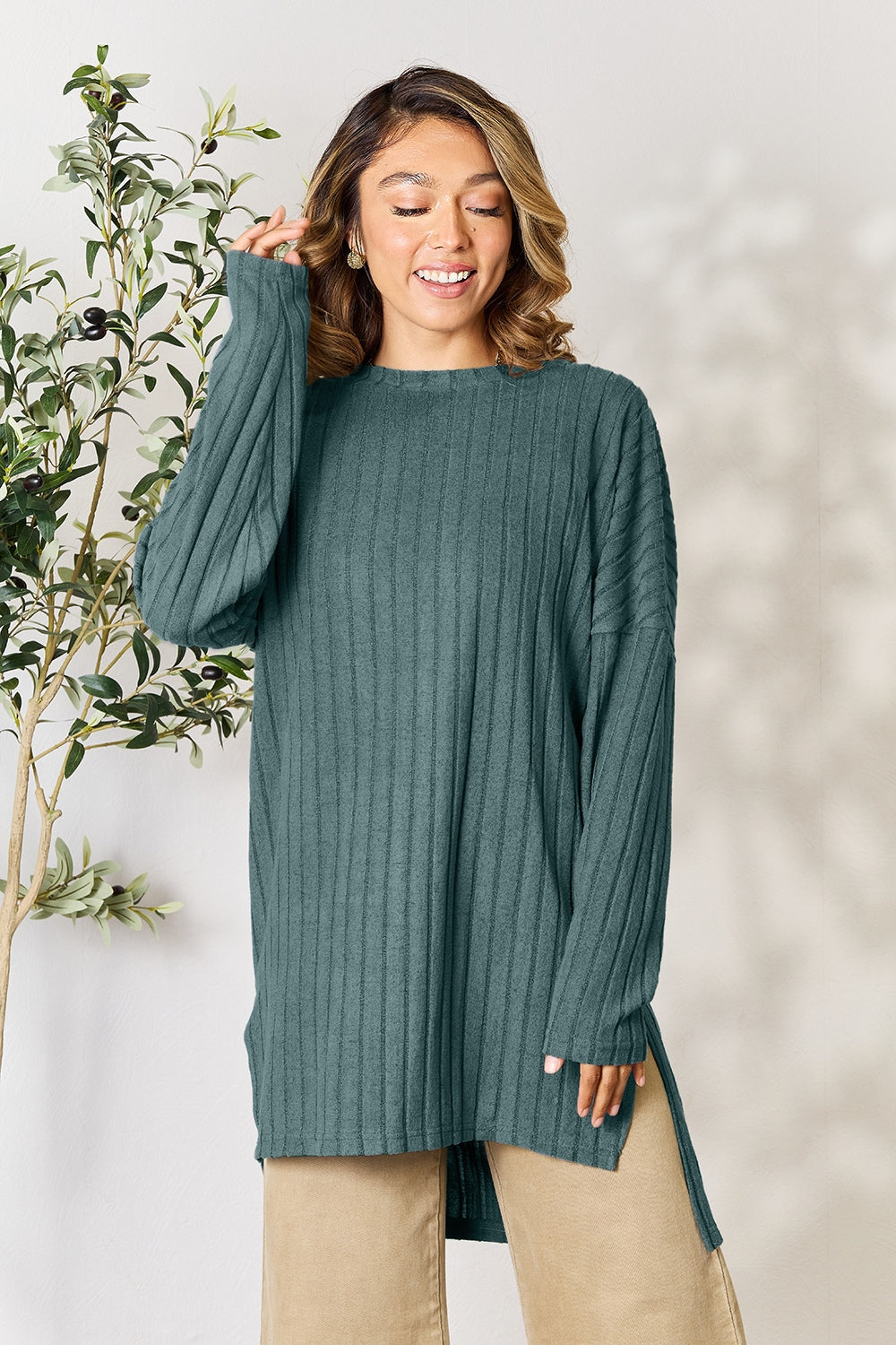 Basic Bae Full Size Ribbed Round Neck Long Sleeve Slit Top - Tote and Lounge