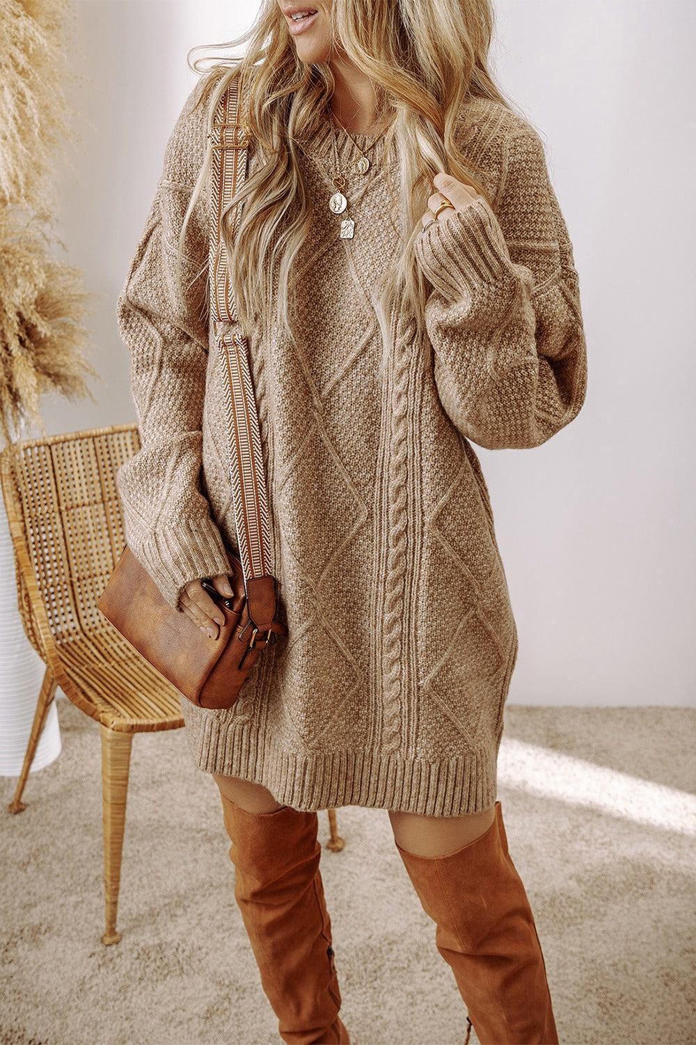 Cable-Knit Round Neck Sweater Dress - Tote and Lounge