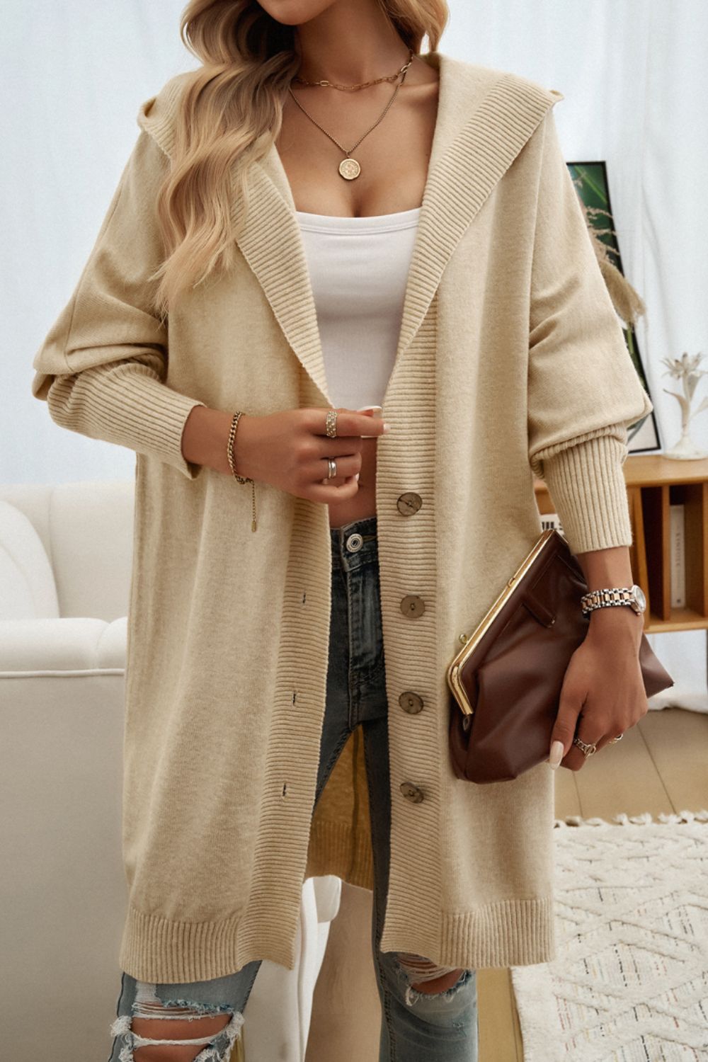 Button Up Long Sleeve Hooded Cardigan - Tote and Lounge