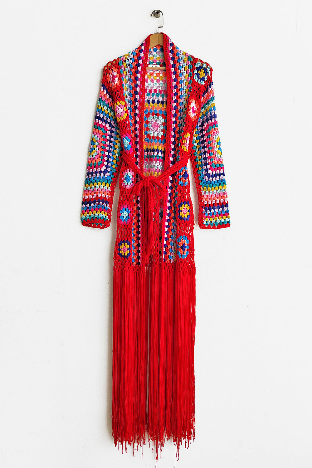 Fringe Tied Long Sleeve Cardigan - Tote and Lounge