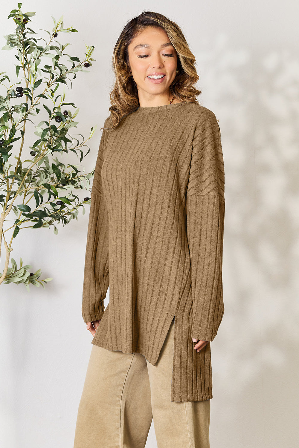 Basic Bae Full Size Ribbed Round Neck Long Sleeve Slit Top - Tote and Lounge