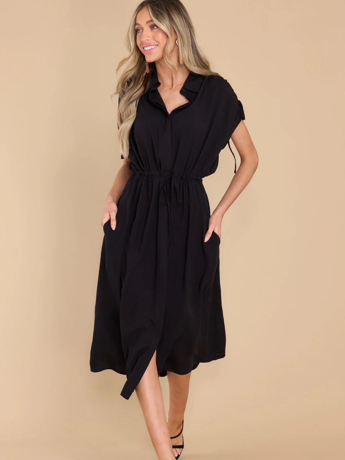Drawstring Collared Neck Short Sleeve Midi Dress - Tote and Lounge