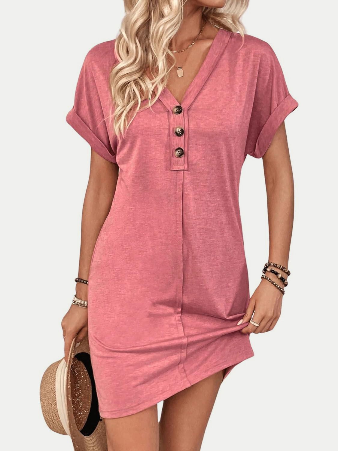 Quarter Button V-Neck Short Sleeve Dress - Tote and Lounge