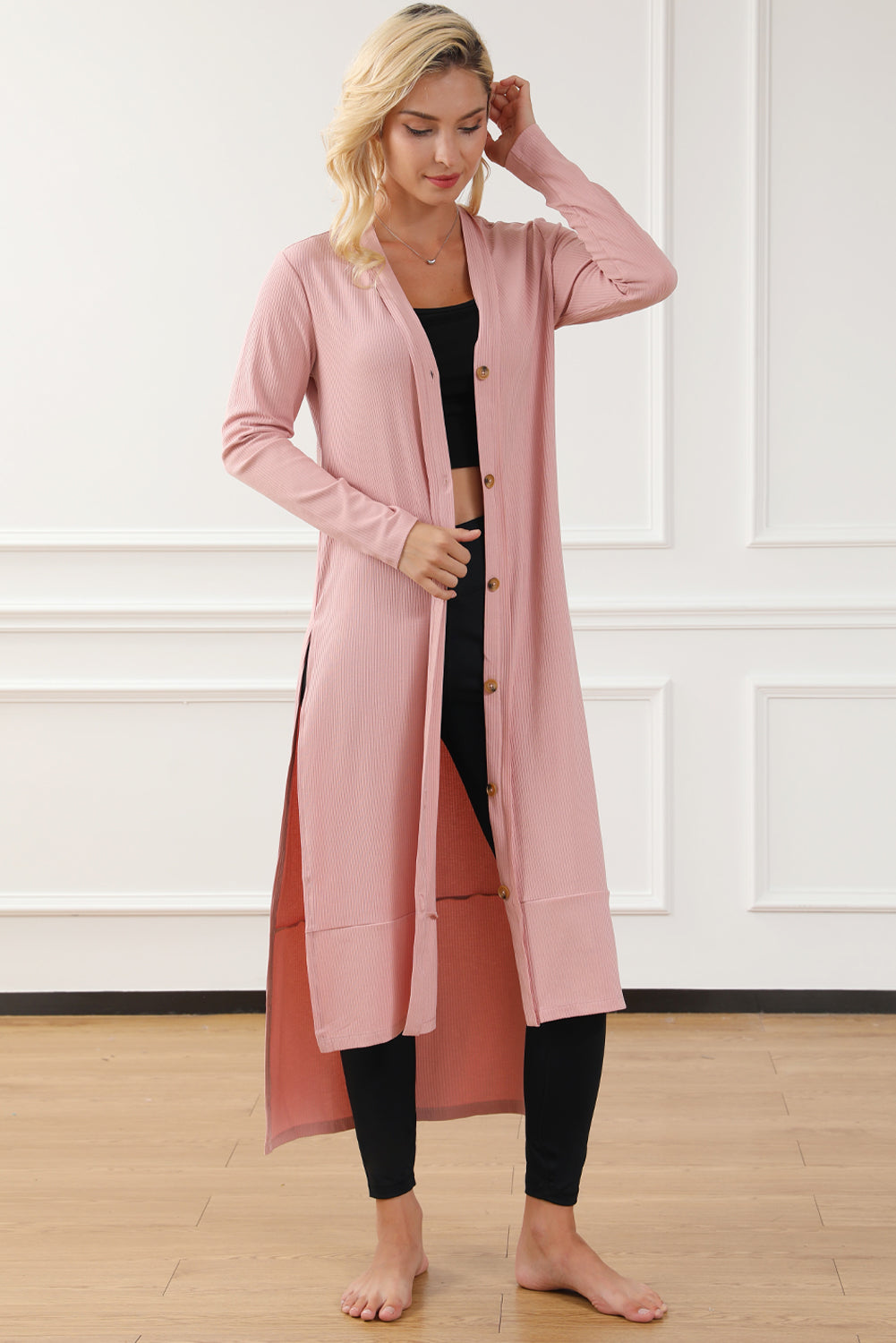 Button Up High-Low Long Sleeve Slit Cardigan - Tote and Lounge
