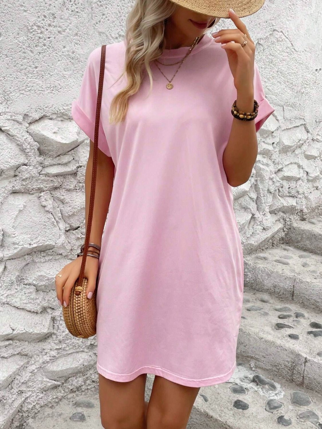 Round Neck Short Sleeve Mini Dress - Tote and Lounge