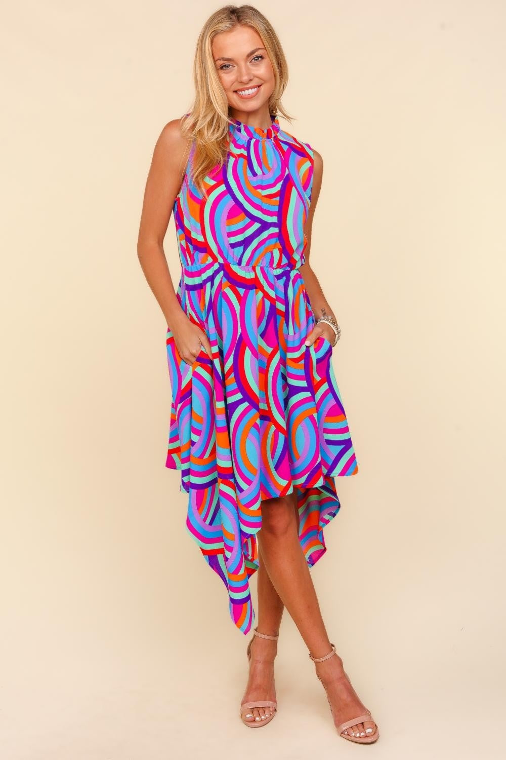 Haptics Full Size Mock Neck Sleeveless Printed Dress - Tote and Lounge