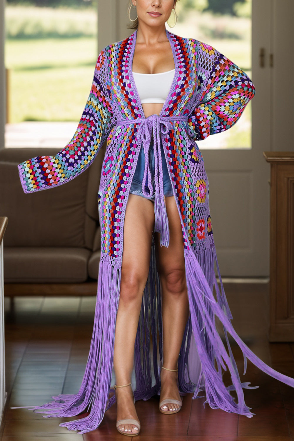 Fringe Tied Long Sleeve Cardigan - Tote and Lounge