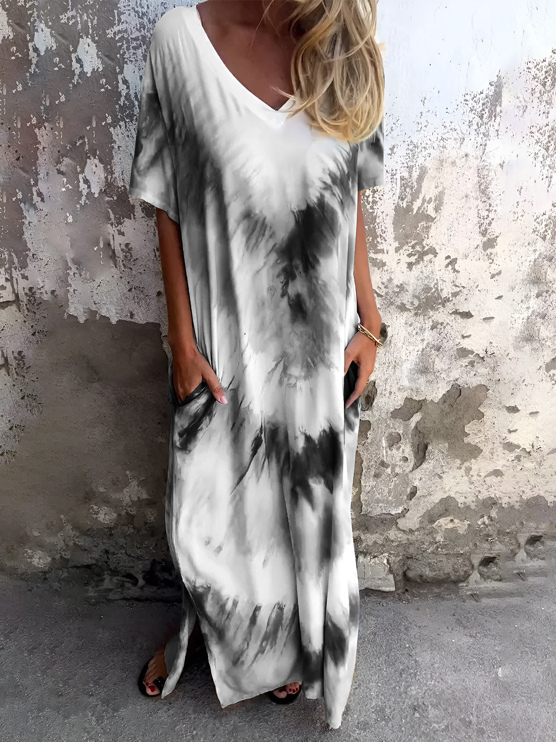 Full Size Pocketed Tie-Dye Short Sleeve Dress - Tote and Lounge