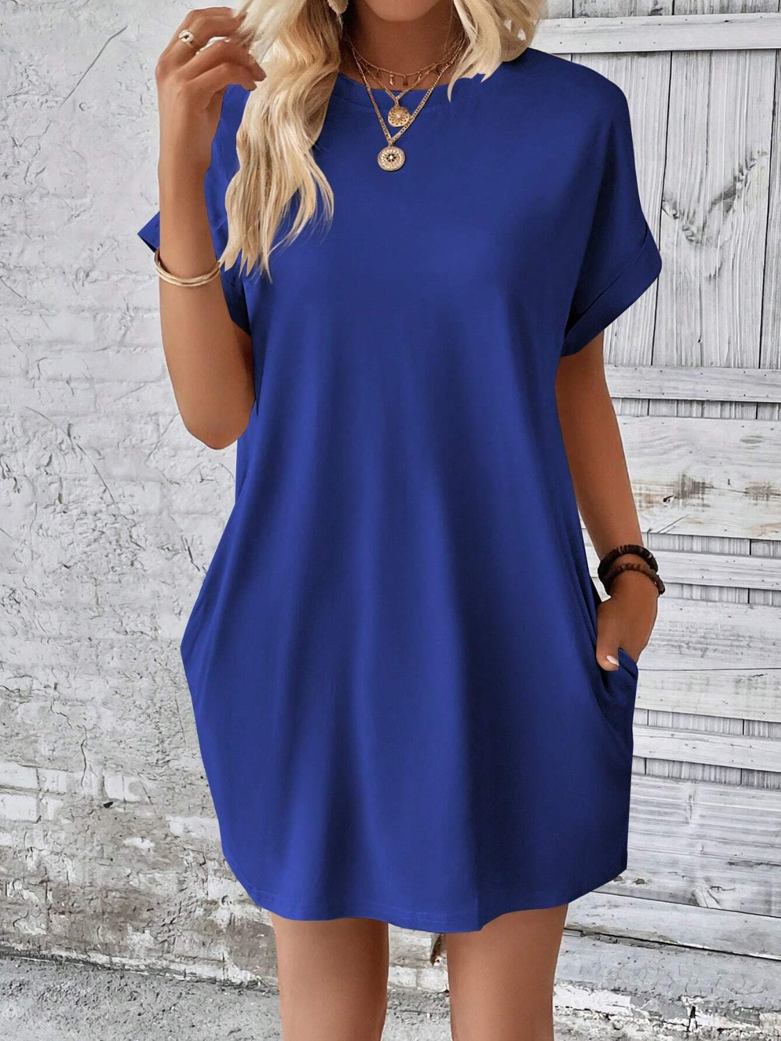 Round Neck Short Sleeve Mini Dress - Tote and Lounge