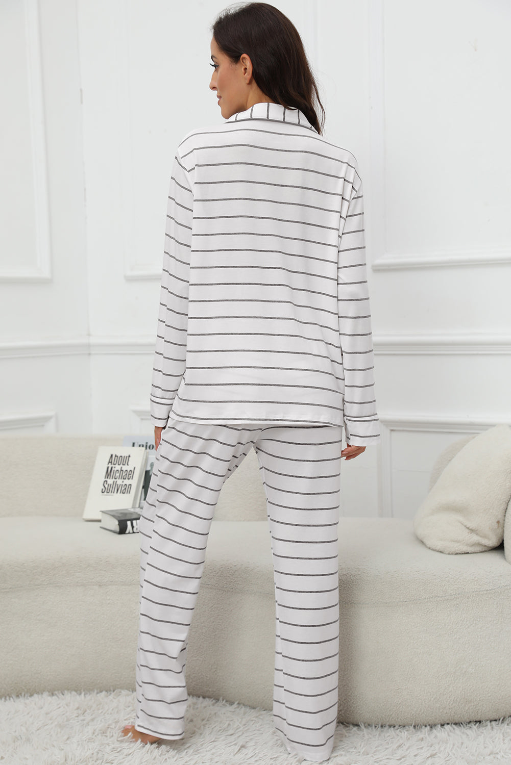 Striped V-Neck Long Sleeve Top and Pants Lounge Set - Tote and Lounge