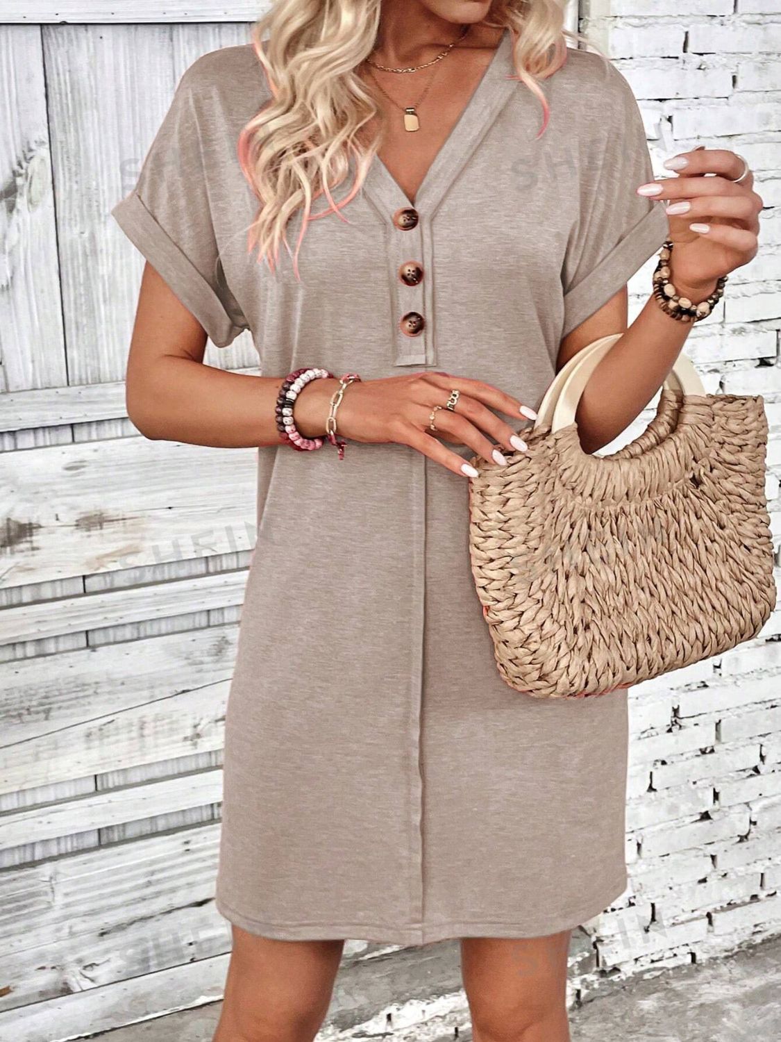 Quarter Button V-Neck Short Sleeve Dress - Tote and Lounge