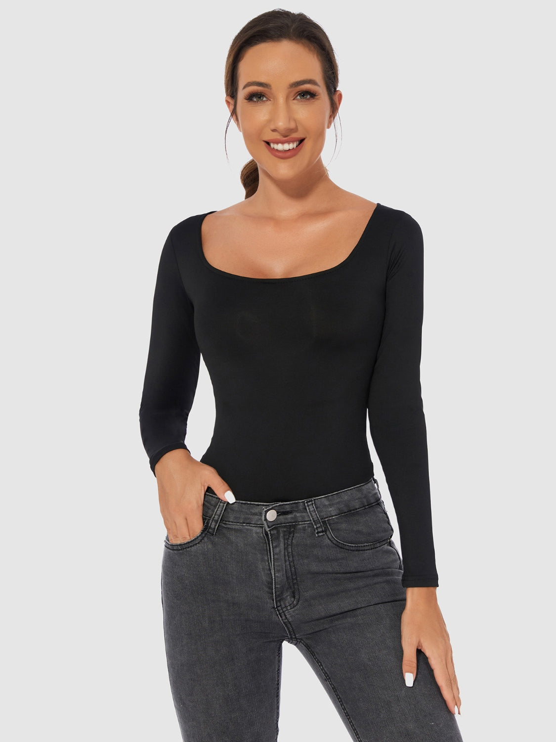 Full Size Scoop Neck Long Sleeve Bodysuit - Tote and Lounge