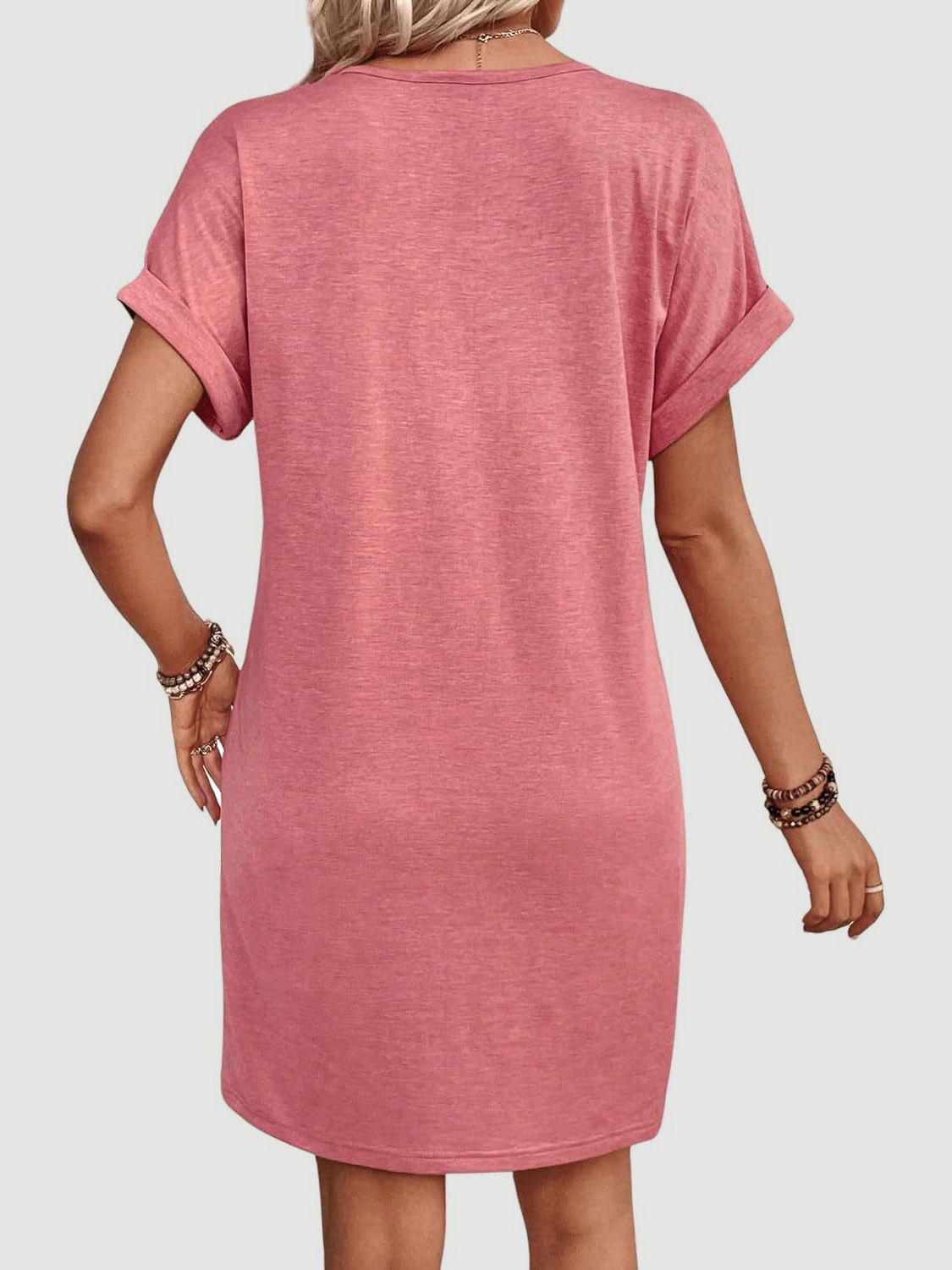Quarter Button V-Neck Short Sleeve Dress - Tote and Lounge