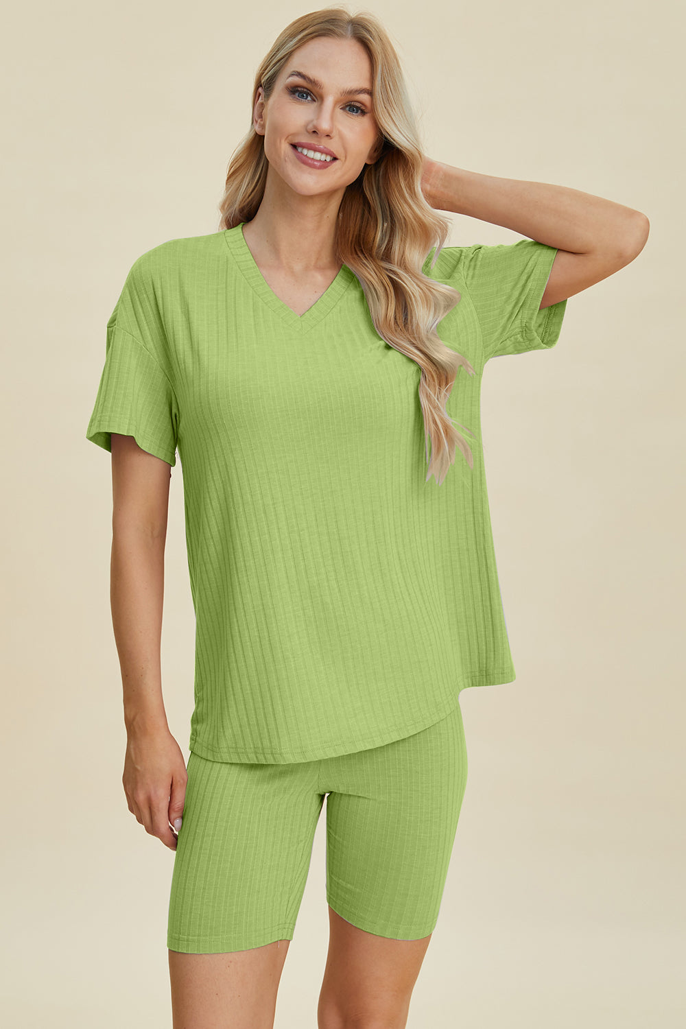 Basic Bae Full Size Ribbed V-Neck Short Sleeve Top and Shorts Set - Tote and Lounge
