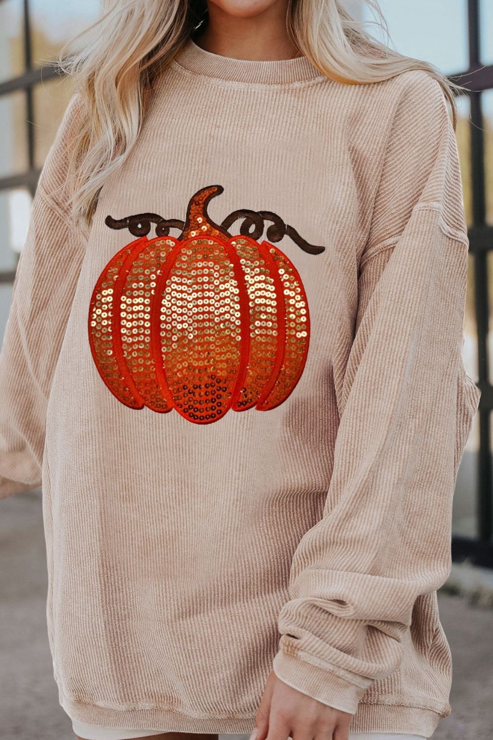 Sequin Pumpkin Round Neck Long Sleeve Sweatshirt - Tote and Lounge