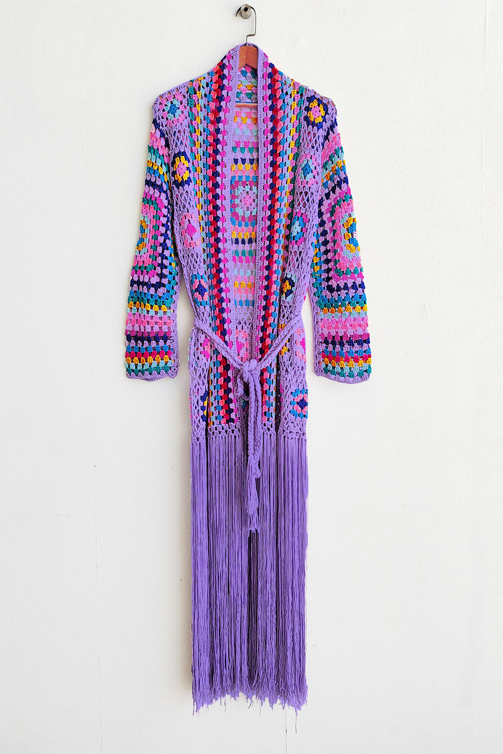 Fringe Tied Long Sleeve Cardigan - Tote and Lounge