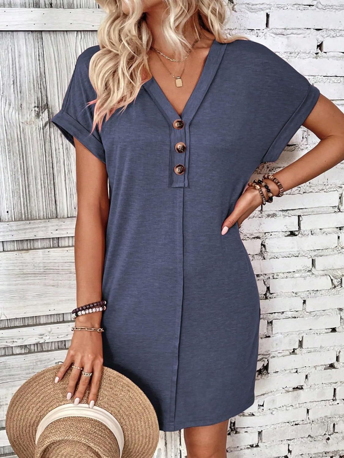 Quarter Button V-Neck Short Sleeve Dress - Tote and Lounge
