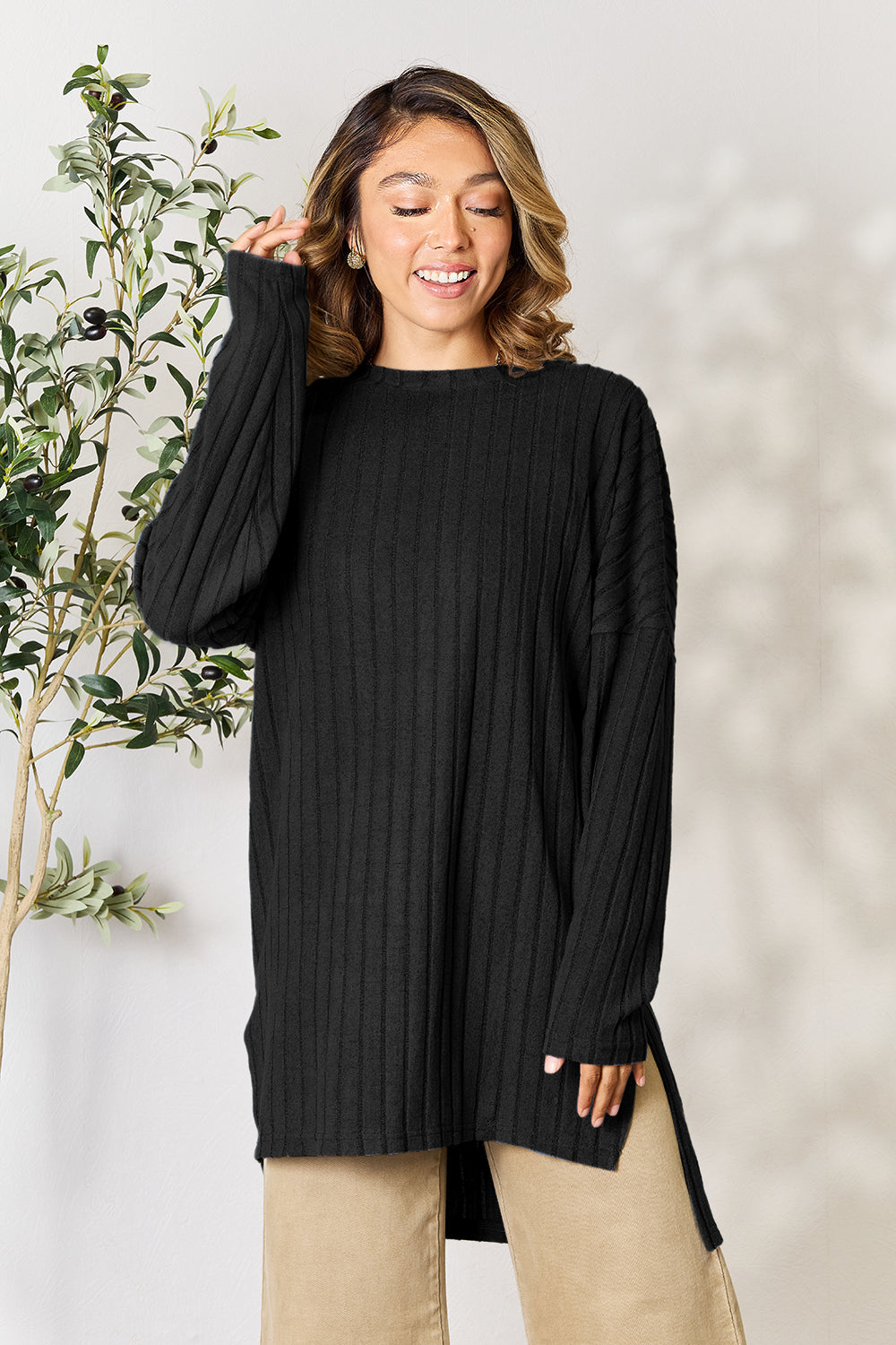 Basic Bae Full Size Ribbed Round Neck Long Sleeve Slit Top - Tote and Lounge