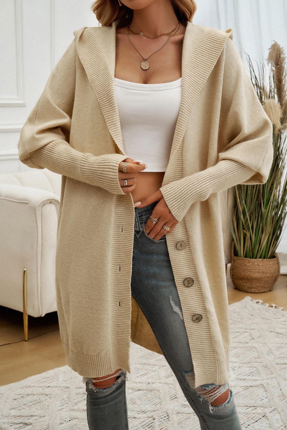 Button Up Long Sleeve Hooded Cardigan - Tote and Lounge