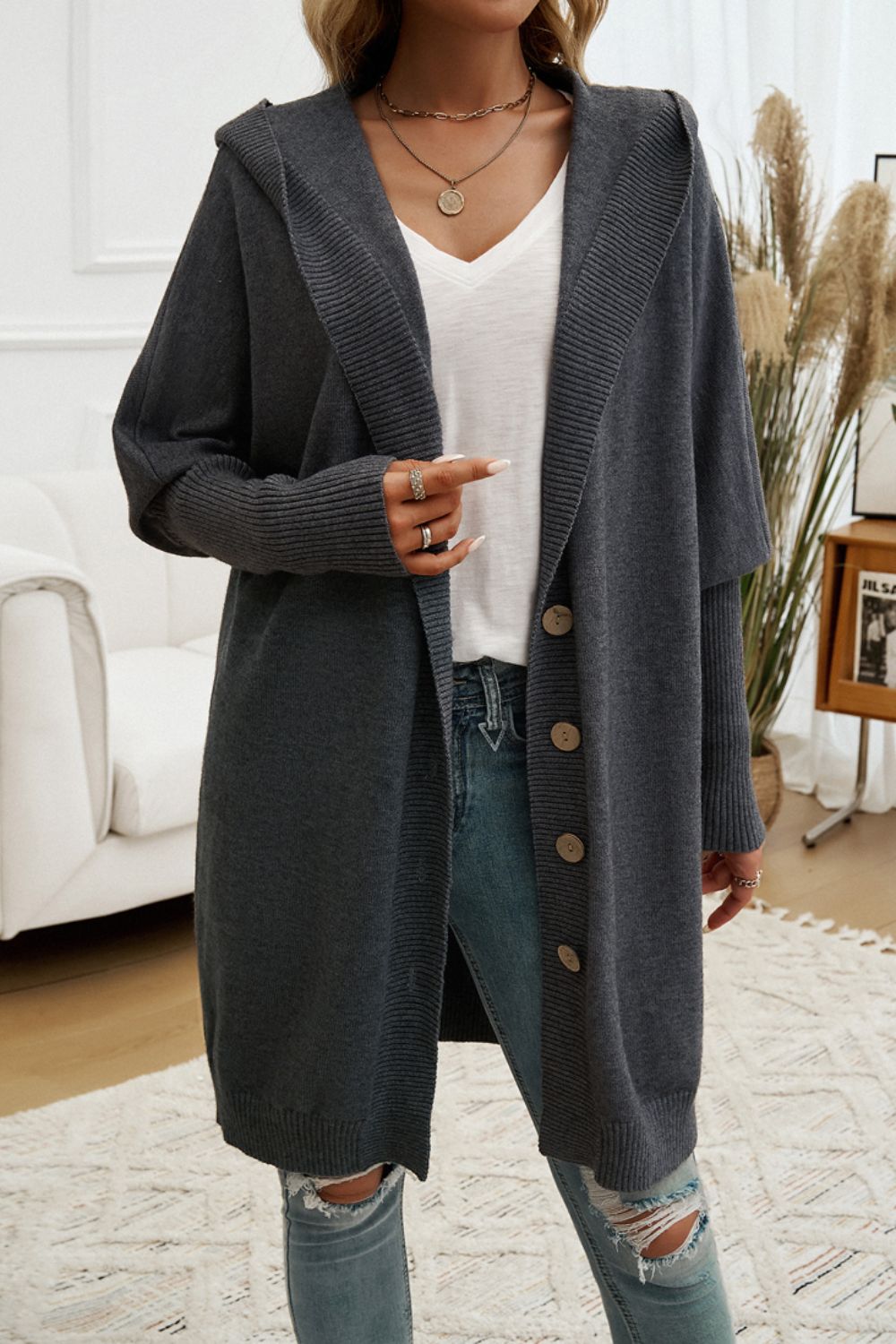 Button Up Long Sleeve Hooded Cardigan - Tote and Lounge