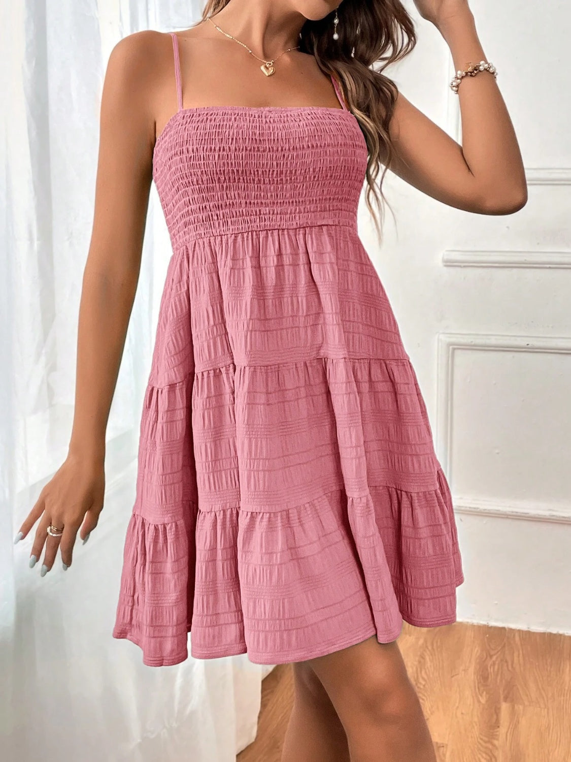 Smocked Tiered Sleeveless Mini Dress - Tote and Lounge