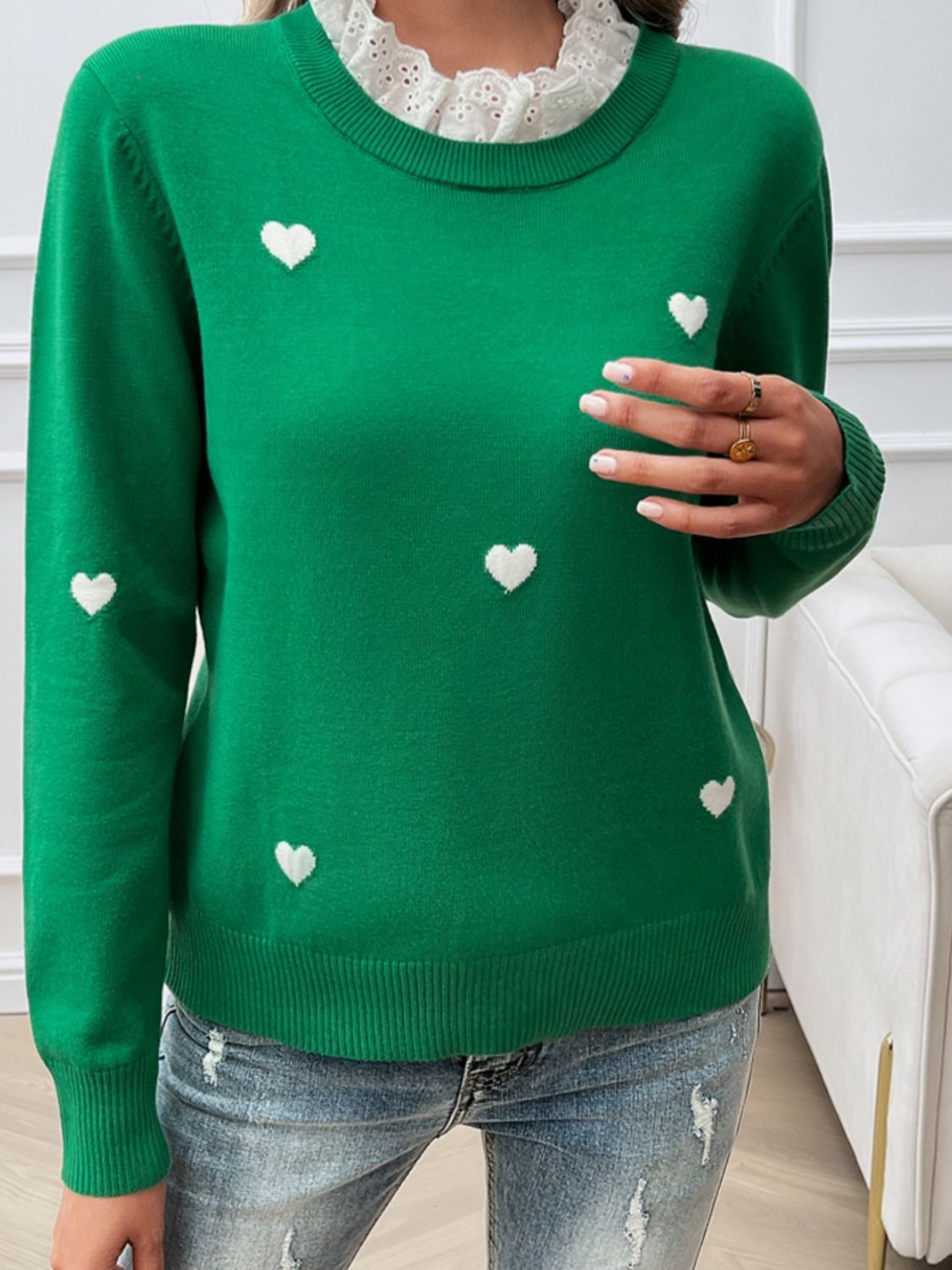 Lace Detail Heart Long Sleeve Sweater - Tote and Lounge