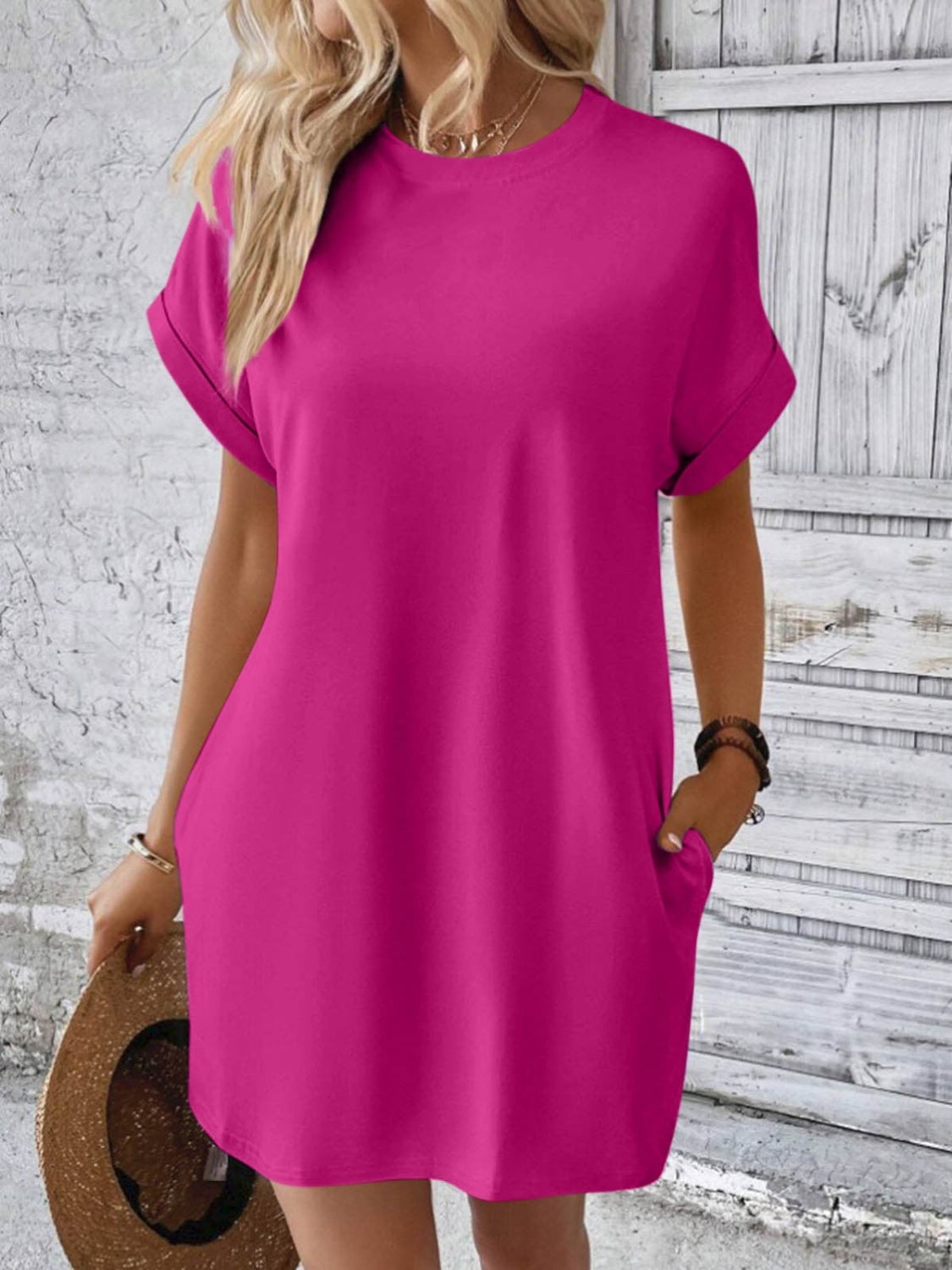 Round Neck Short Sleeve Mini Dress - Tote and Lounge