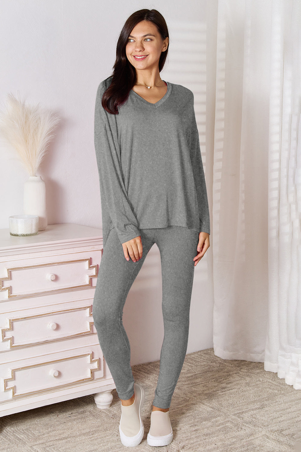 Basic Bae Bamboo Full Size V-Neck Long Sleeve Top and Pants Lounge Set - Tote and Lounge