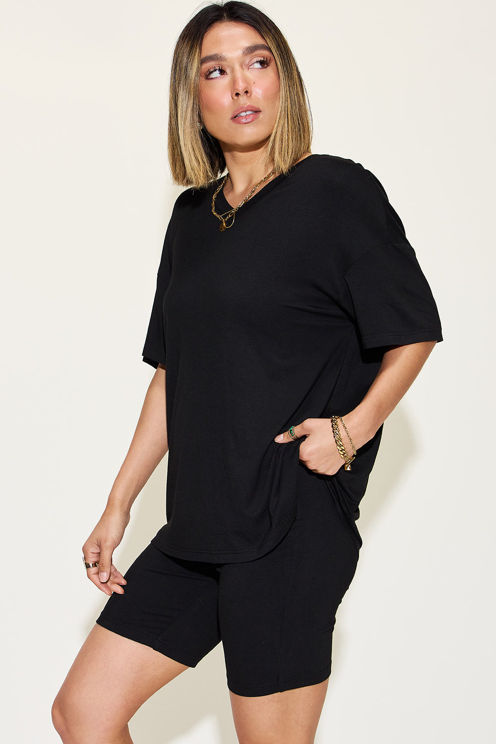 Basic Bae Full Size V-Neck Drop Shoulder T-Shirt and Shorts Set - Tote and Lounge