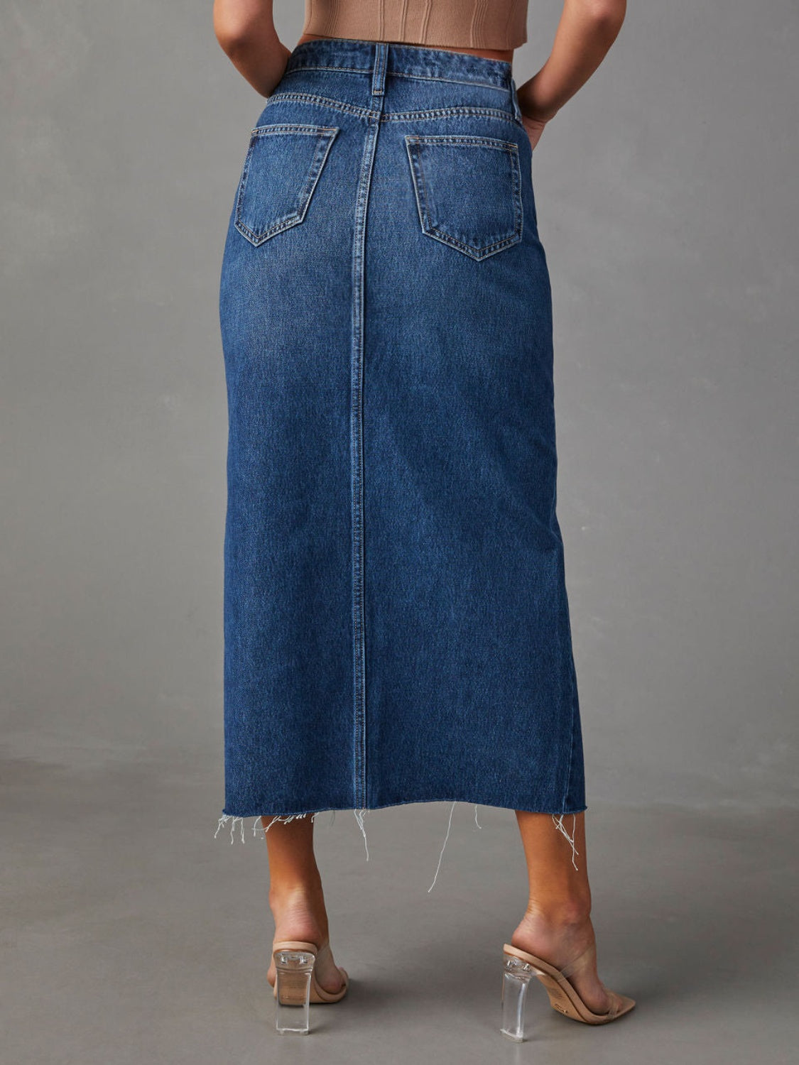 Slit Raw Hem Midi Denim Skirt - Tote and Lounge