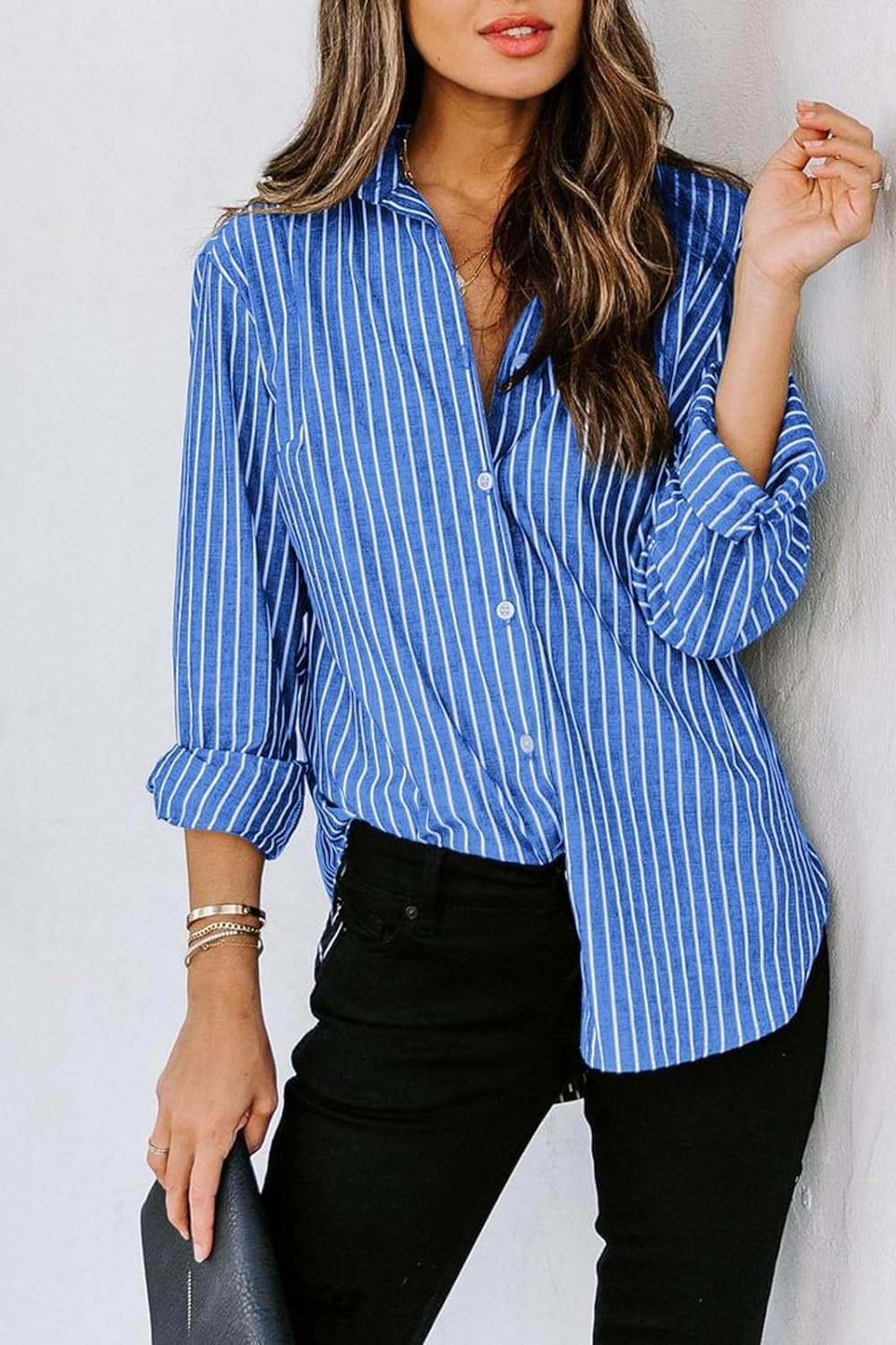 Striped Button Up Long Sleeve Shirt - Tote and Lounge