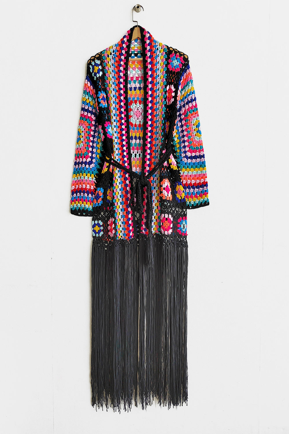 Fringe Tied Long Sleeve Cardigan - Tote and Lounge