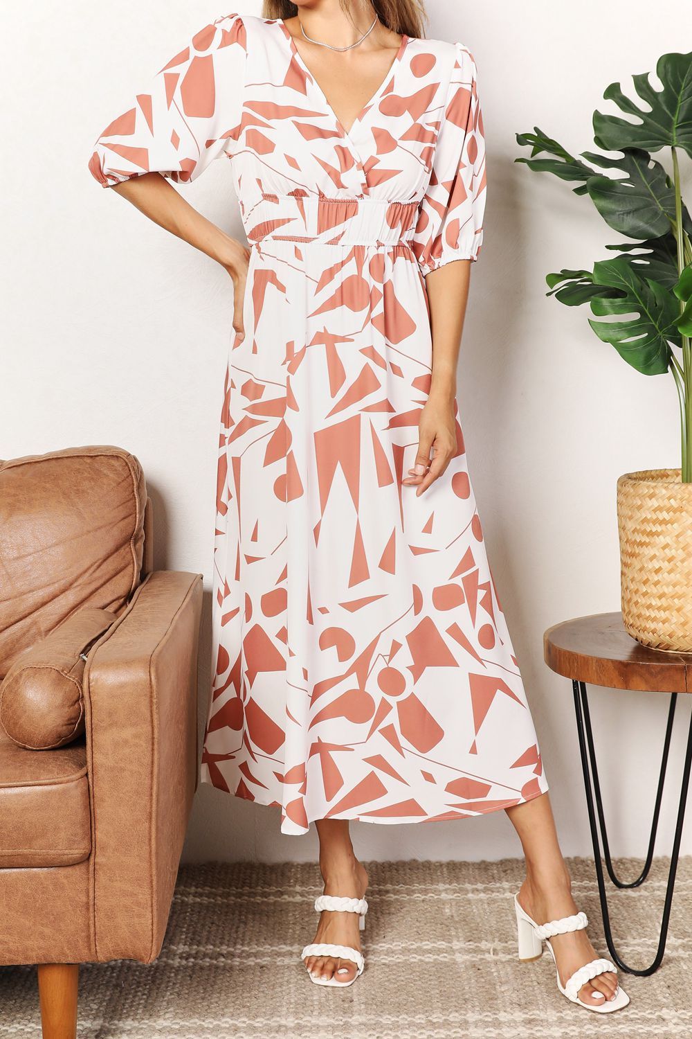 Printed Surplice Balloon Sleeve Dress - Tote and Lounge