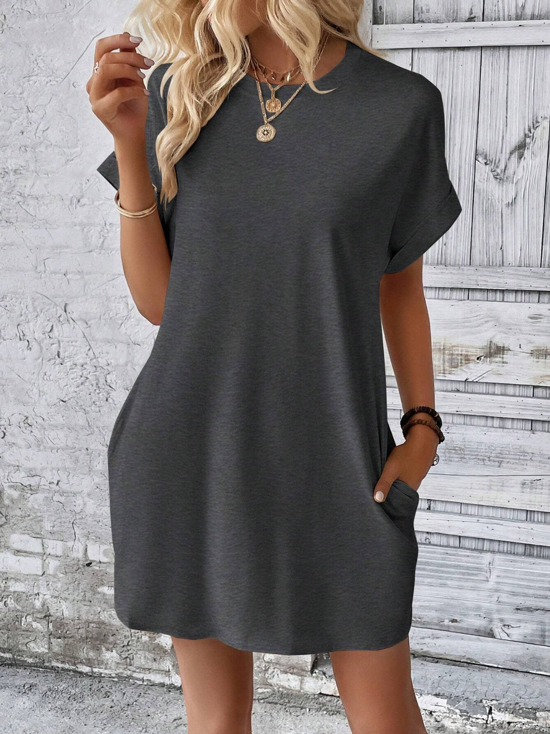 Round Neck Short Sleeve Mini Dress - Tote and Lounge