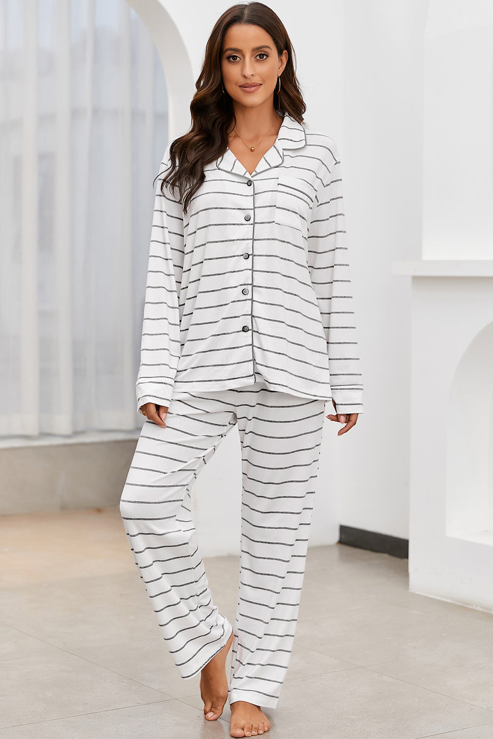 Striped V-Neck Long Sleeve Top and Pants Lounge Set - Tote and Lounge