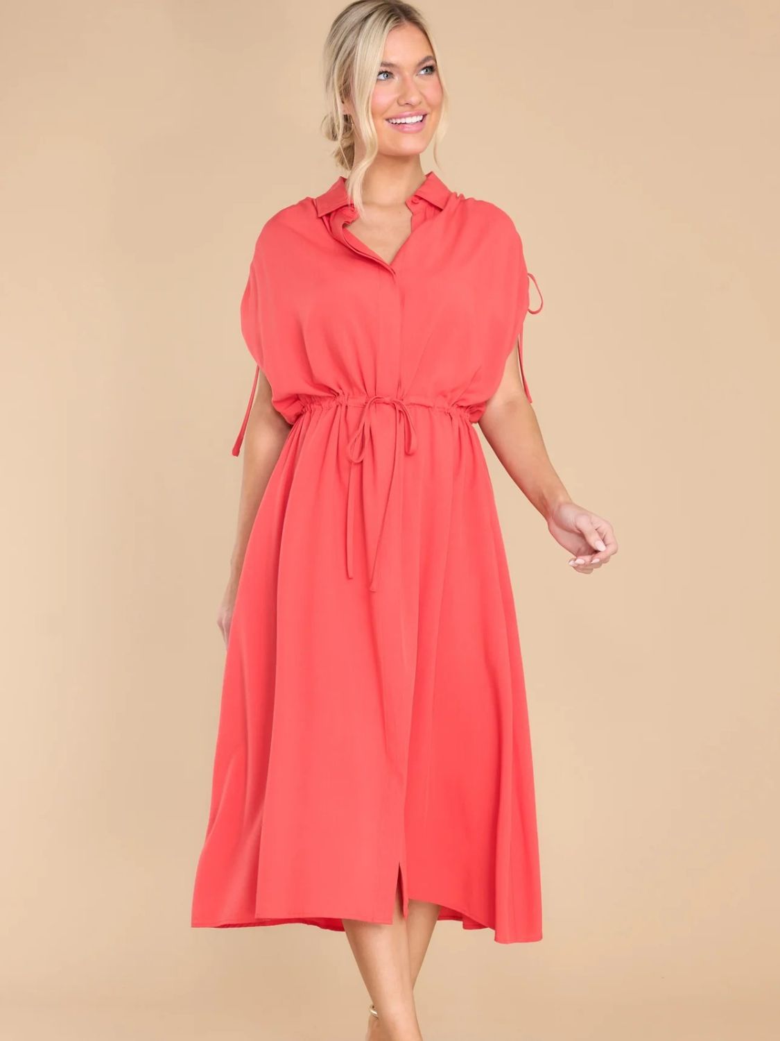 Drawstring Collared Neck Short Sleeve Midi Dress - Tote and Lounge