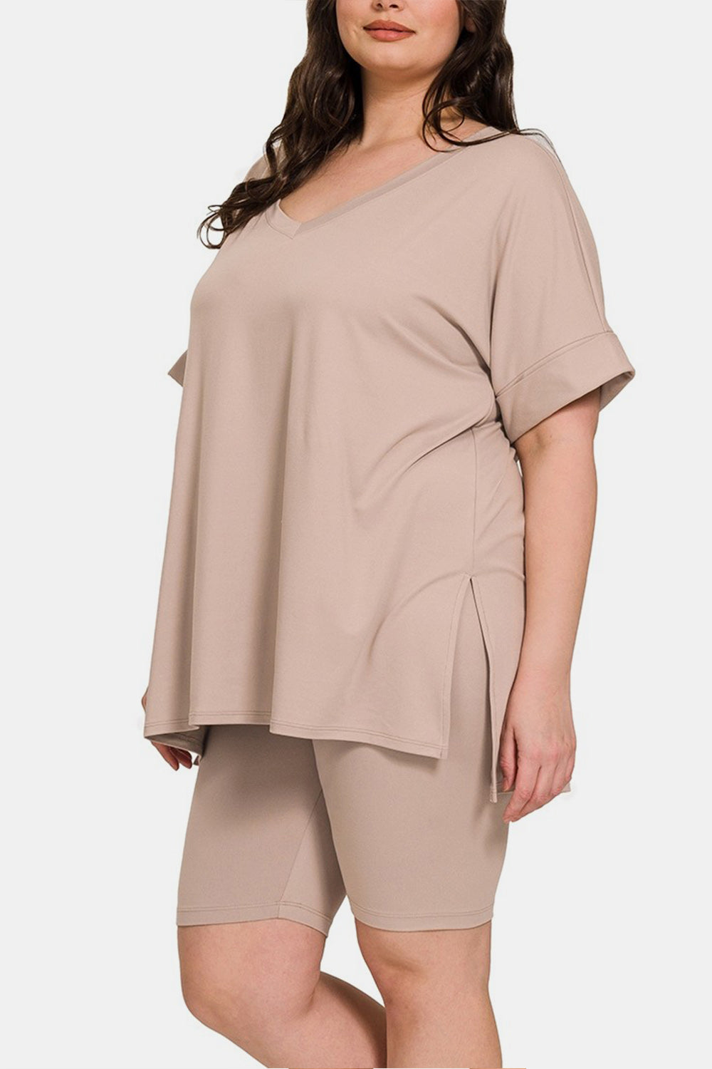 Zenana Full Size V-Neck Short Sleeve Slit T-Shirt and Shorts Set - Tote and Lounge